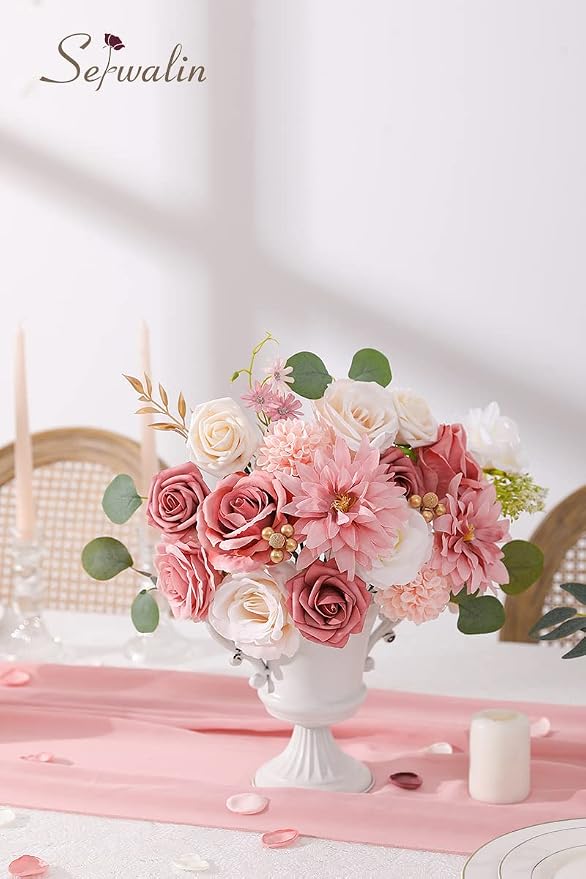 Serwalin 2PCS Artificial Flowers Pink Dahlia Silk Flowers - Image 5