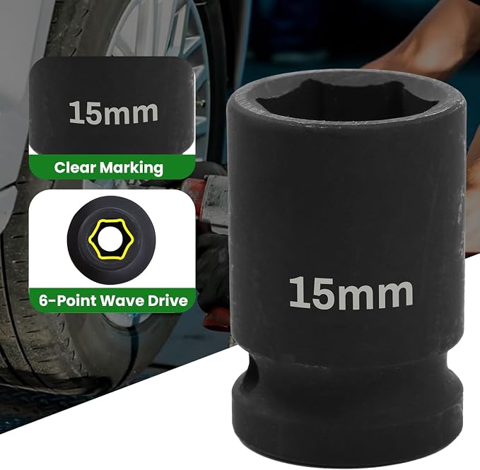 1/2" Drive 15mm Deep Impact Socket, 6 Point Chrome Molybdenum Steel Heavy Duty - Image 3