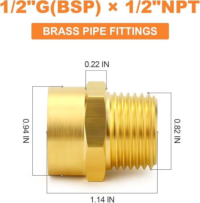 GASHER 2Pcs 1/2" G Thread Female × 1/2" NPT Thread Male Brass Pipe Fitting - Image 2