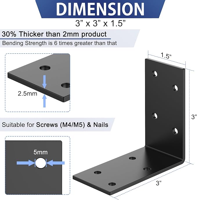 3 Inch Heavy Duty L Brackets for Wood, Galvanized Corner Braces, and posts; - Image 2