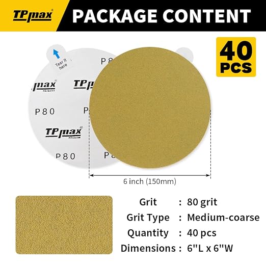 6-Inch 80-Grit Gold PSA Sanding Discs, 40 Pack – Pro-Grade Self-Adhesive - Image 2
