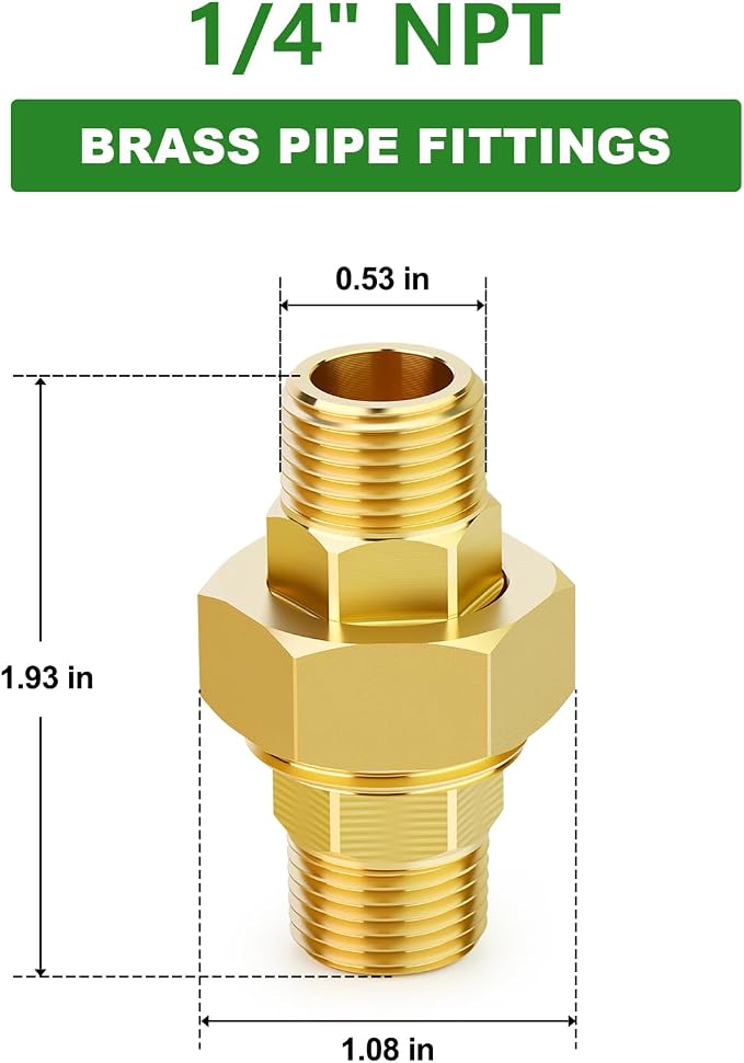 2PCS Brass Union，1/4" NPT Male x 1/4" NPT Male Brass Pipe Fitting - Image 2