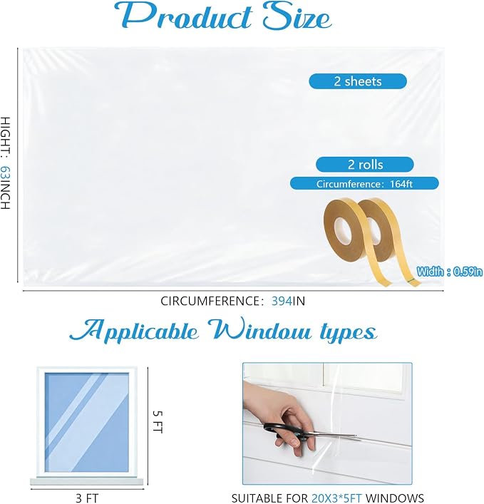 Pangda 2 Pack Window Insulation Kit 63 x 394 Inch Plastic Window Covering - Image 2