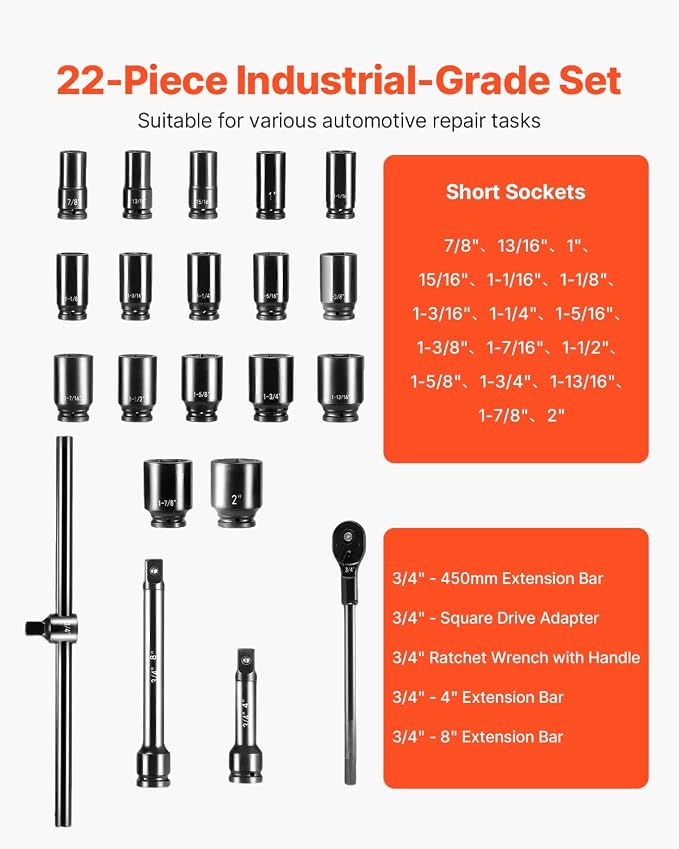 VEVOR Impact Socket Set 3/4 Inches 22 Piece Deep Impact Sockets, 6-Point Sockets - Image 3