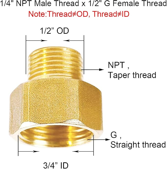 Joywayus 1/2" G Thread Female × 1/4" NPT Thread Male Brass Pipe Fitting Adapter - Image 2