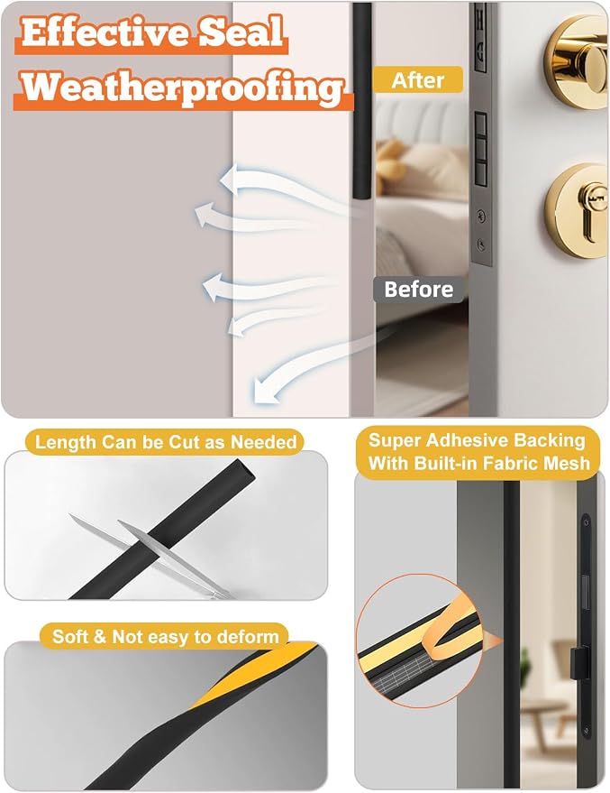 32.8 Ft Weather Stripping Door Seal Strip, Self Adhesive Door Soundproofing D - Image 6