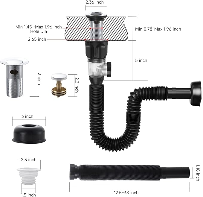 Flexible Sink Drain Pipe Kits, Adjustable Bathroom Sink P Trap - Image 2