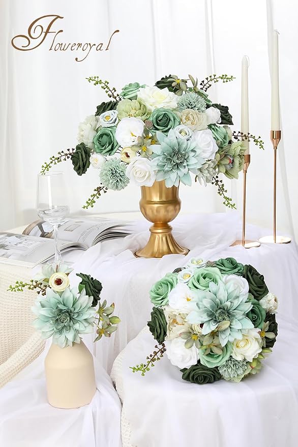 Artificial Flowers Combo Green Flowers Mix Silk Flowers Dahlia Roses - Image 4