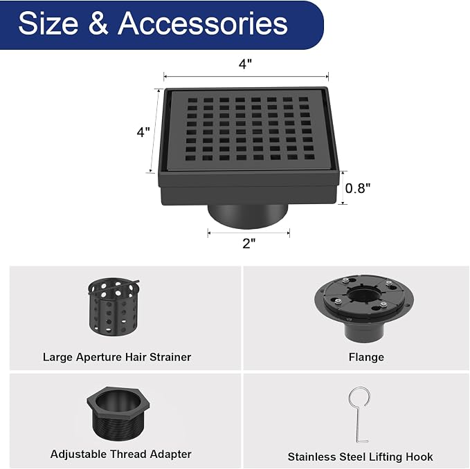 4 Inch Matte Black Square Shower Drain - Image 2