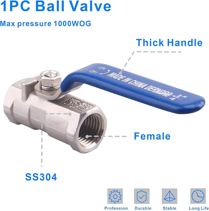 DERNORD Stainless Steel Ball Valve 1PC Type 0.25" NPT Standard Port - Image 4