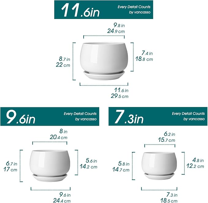 vancasso 3-Pack Ceramic Plant Pots, 7.3/9.6/11.6 Inch Indoor Planters - Image 2
