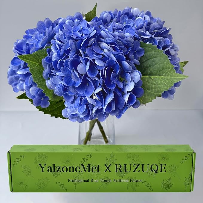 YalzoneMet 3 PCS Dark Blue Hydrangea Artificial Flowers 21 inches Real Touch by YalzoneMet