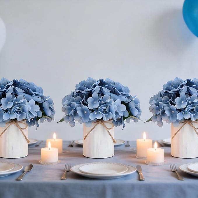 Dusty Blue Flower Table Centerpieces, Hydrangeas & Rose | Floral Arrangement - Image 5