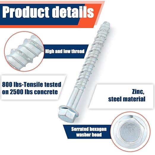 Tandefio 40 Pack 1/2" X 5" Concrete Anchors and Screw Kits Galvanized | Large - Image 3