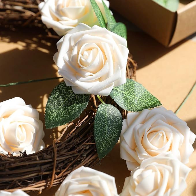 AmyHomie Champagne Rose 100pcs Real Looking Artificial Flowers w/Stem | Bouquet - Image 3