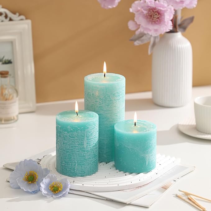 3x4 Inch Turquoise Pillar Candles Set of 3 - Image 2