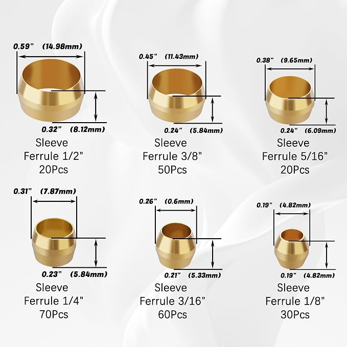 260PCS Brass 1/4" 3/8" 5/16" 1/2" 3/16" 1/8" Compression Sleeve Ferrule Kit | - Image 2