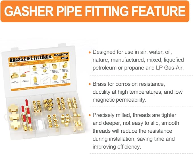 GASHER 48PCS 1/4"NPT Brass Pipe Fittings Kit，Coupling，90 Degree Elbow，45 Degree - Image 6