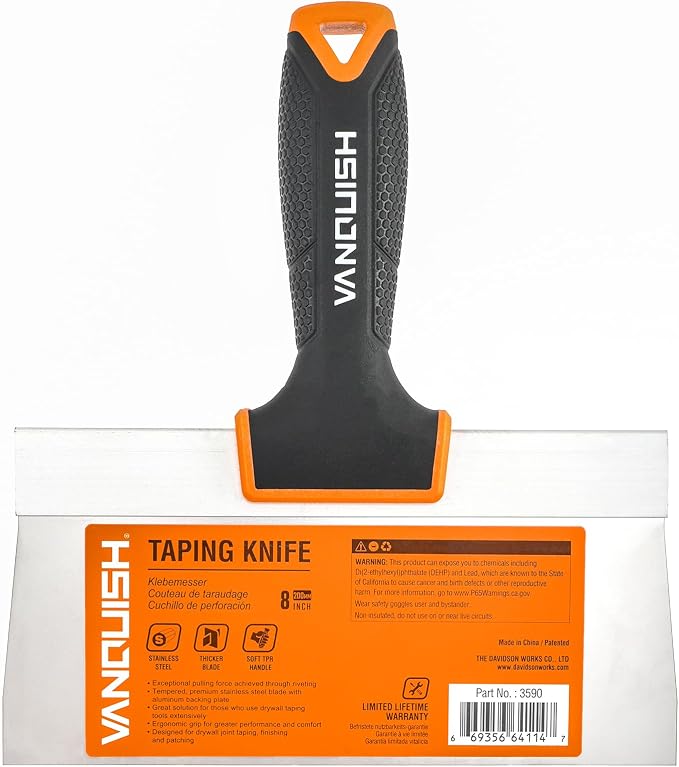 VANQUISH 8 Inch Stainless Steel Drywall Taping Knife, Soft Grip Handle by VANQUISH