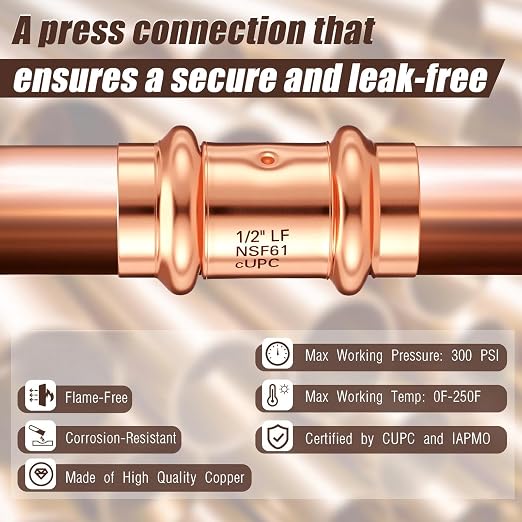 Therwen 10 Pcs Copper Pipe Press Fittings, 1/2 Inch Coupling - Image 5