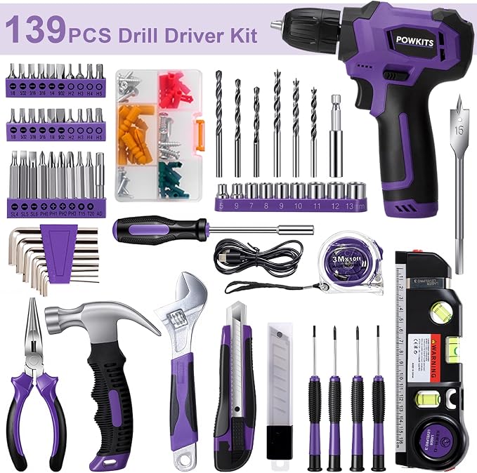 8V Purple Cordless Drill Set for Women, Starter Tool Kit - Image 2