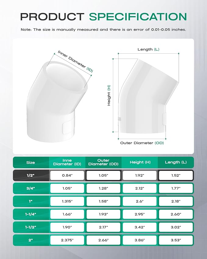 10-Pack 1/2 Inch 45 Degree PVC Elbow Pipe Fittings, Furniture Grade SCH40 PVC - Image 2