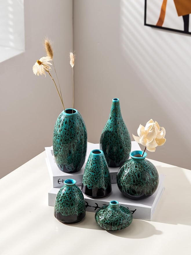 Ceramic Bud Vase Set, Fambe Blue Glazed Finish, Decorative Flower Vases - Image 4