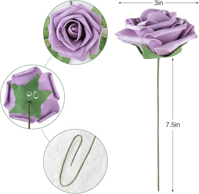 AmyHomie Pale Lavender Rose 25pcs Real Looking Artificial Flowers w/Stem | - Image 7