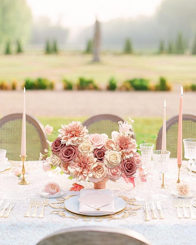 FACINOC Pink Roses Artificial Flowers Dusty Blush Fake Flower Bulk Box Set | - Image 4