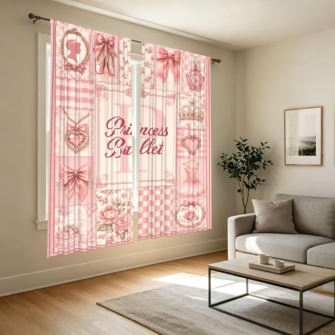 Princess Ballet Pink Floral Bow Window Curtains 2 Panels Set, 52 X 84 Inch - Image 7