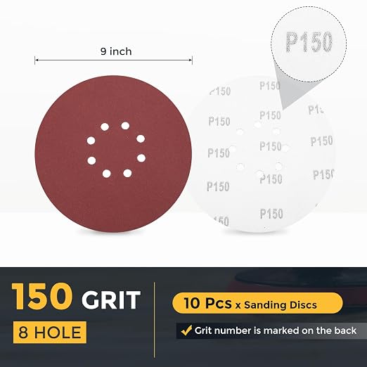 HARFINGTON 10 Pcs 9 Inch Sanding Discs 150 Grit Red Aluminum Oxide 8 Hole | - Image 2