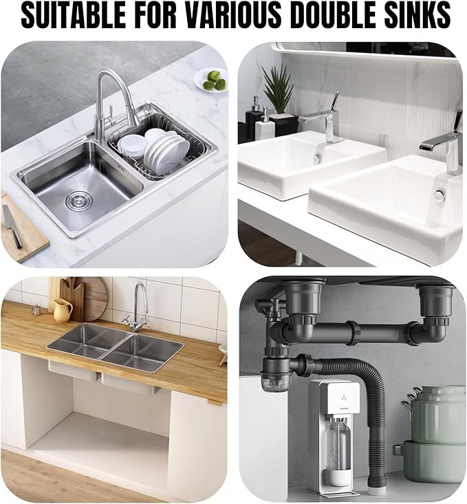 1-1/2 Inch Double Kitchen Sink Drain Kit, Anti-Odor Clear Bottle Trap - Image 6