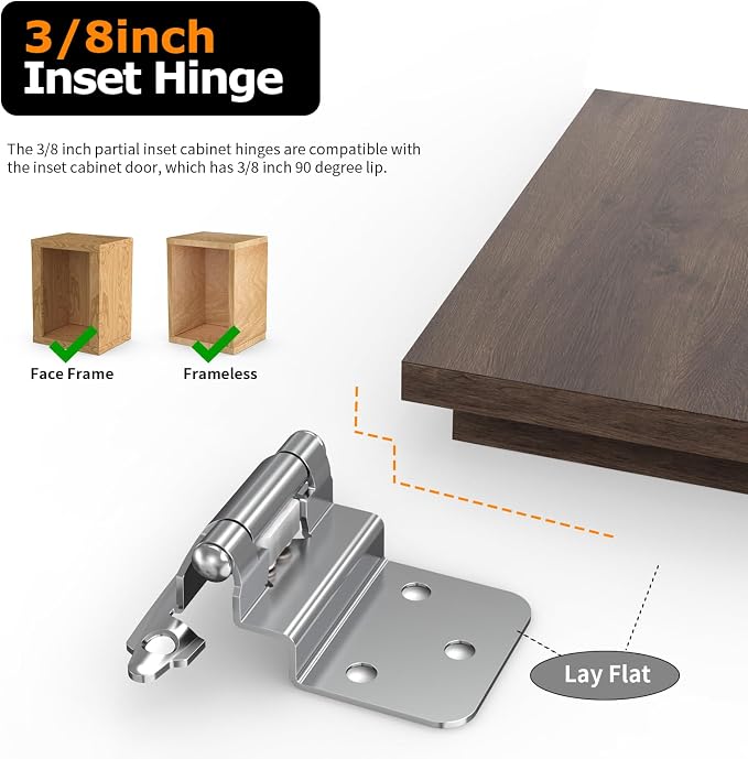 3/8 Inch Inset Cabinet Hinges, 10 Pairs Self Closing Flush Face Mount Hinges - Image 3