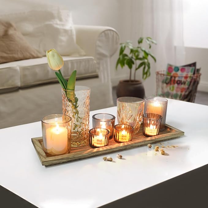 Rustic Wooden Tray with 8 Brown Glass Votive Candle Holders | Decorative Tea - Image 5