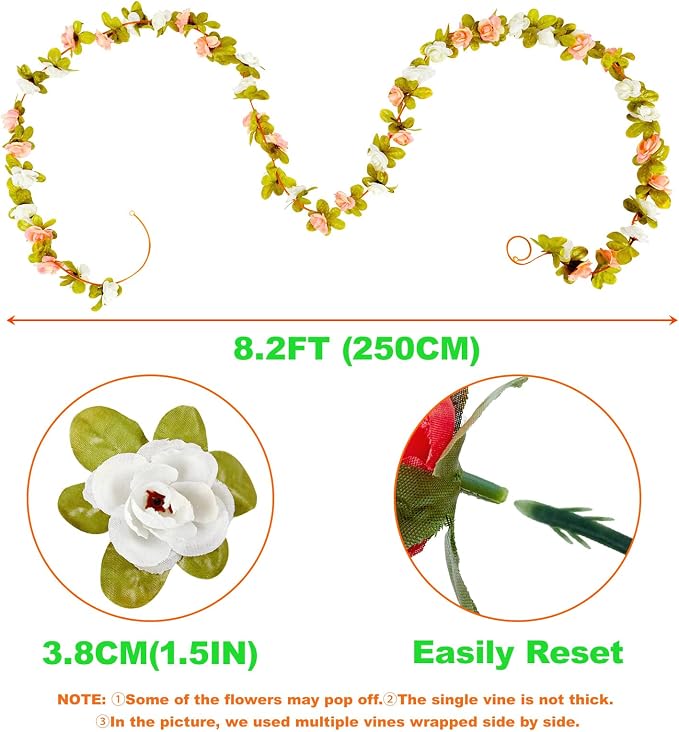 6Pcs x 8.2FT Artificial Flower Garland Rose Vine Decor, Fall Pink Flower | - Image 7