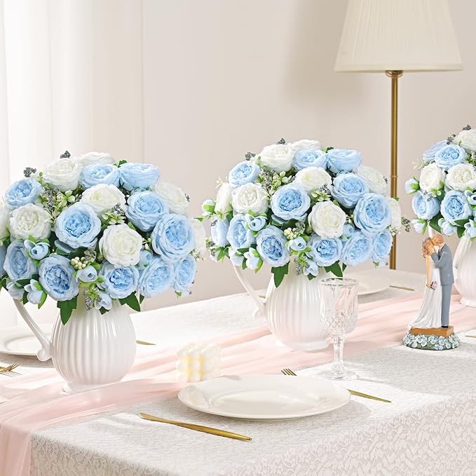 4 Packs Peonies Artificial Flowers Mixed White Blue Silk Artificial Peonies | - Image 6