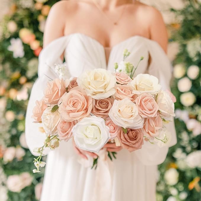 FACINOC Roses Artificial Flowers Champagne Nude Bouquet - Image 2