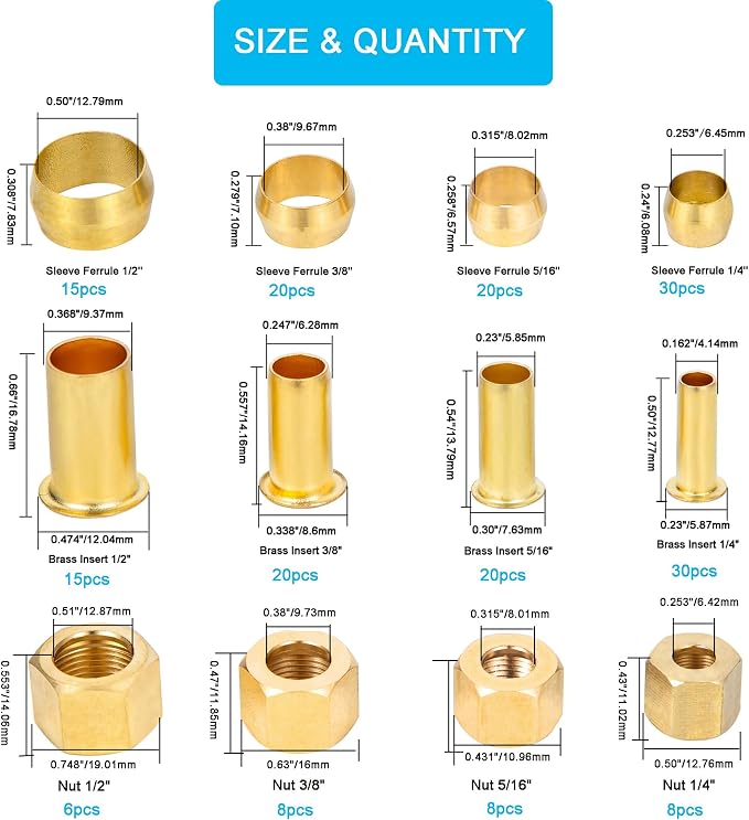 1/4", 1/2" OD Brass Compression Insert, Sleeve Ferrule, Nut 200PCS - Image 2