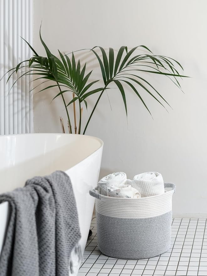 Blanket Basket for Living Room, Woven Rope Storage Basket | 16"D x 14"H | White - Image 5