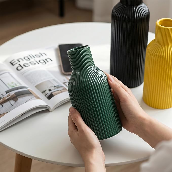 Colorful Ceramic Vases Set of 3, Smooth Vertical Ribbed, Minimalist - Image 6