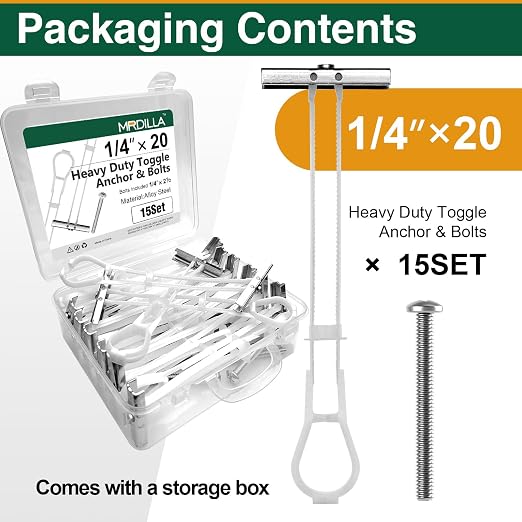 15PCS 1/4"-20 Toggle Bolts for Drywall, Metal Strap Anchors | Up to 260 lb load - Image 3