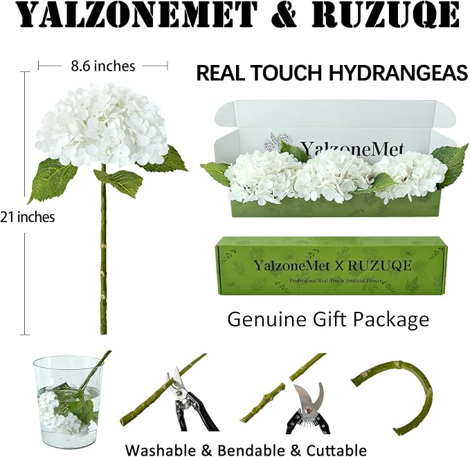 YalzoneMet 3 PCS White Hydrangea Artificial Flowers 21 inchs Real Touch Faux - Image 3