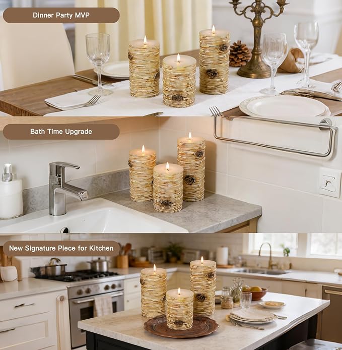 Birch Bark Pillar Candle Set of 3, Real Wax Fireplace Decor Candles | Assorted - Image 6