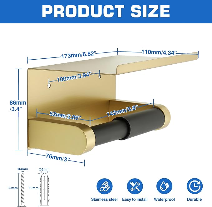 Alise Toilet Paper Holder with Shelf Wall Mount Adhesive or Screw in - Image 2