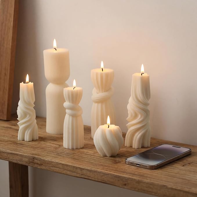 Threlaco 6 Pcs Ribbed Pillar Candles, 2.36-6.89 Inch Heights, Modern Spiral - Image 6