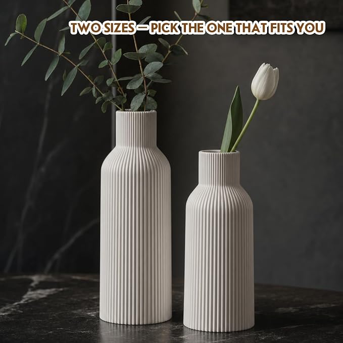 Large White Tall Ceramic Vase, Modern Matte Vertical Ribbed, Nordic Minimalist - Image 9