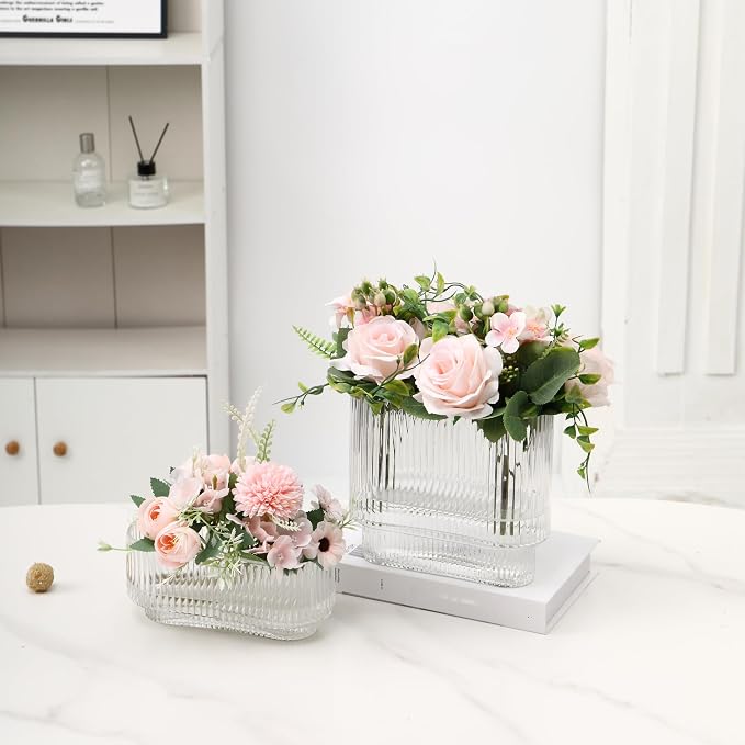 Short Glass Vases, Ribbed Vase for Flowers, Modern Small Vase for Living Room - Image 4