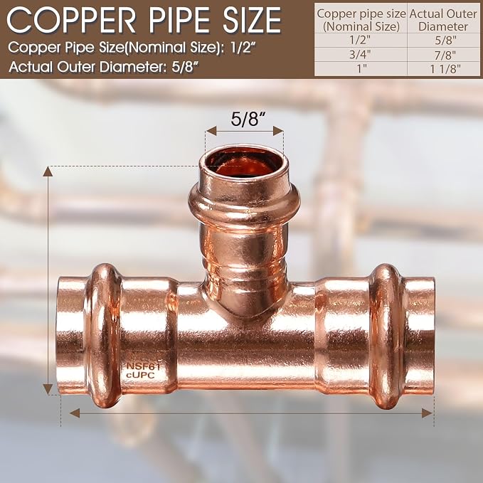 Copper Press Fitting 3/4"x3/4"x1/2"Copper Press Tee Fit Tee - Image 2