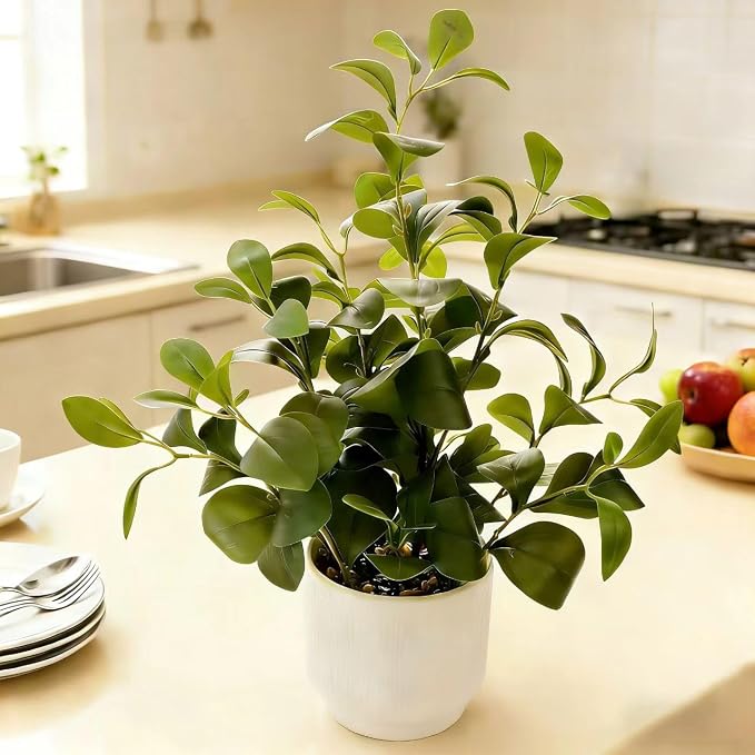 16'' Artificial Ficus Plant in White Textured Ceramic Pot Realistic Faux - Image 7
