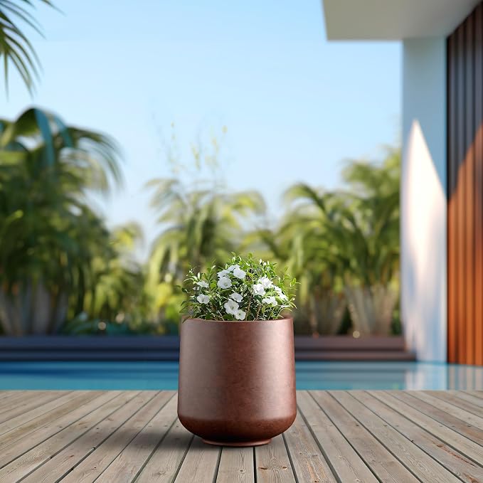 Kante Accent Round Curved Rusty Concrete Planter 13" Dia, Outdoor | Rubber Plug - Image 4